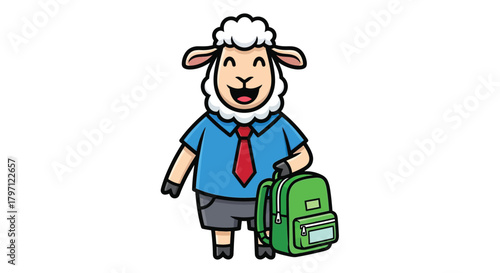 Cartoon sheep wearing school uniform with backpack.