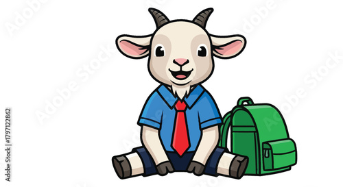 A cute cartoon goat wearing a blue shirt, red tie, and dark shorts, sitting next to a green backpack.
