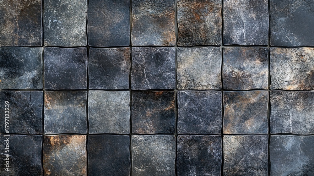 Naklejka premium A stylized 3D digital rendering of an anthracite or dark gray tiled wall or floor. A clean, geometric pattern for modern architectural and design concepts