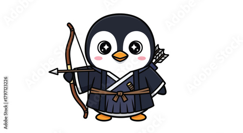 Cute penguin dressed in traditional Japanese attire, holding a bow and arrow.