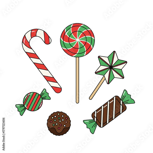 A collection of various festive candies and sweets including a candy cane, lollipops, and wrapped chocolates, perfect for holiday celebrations.
