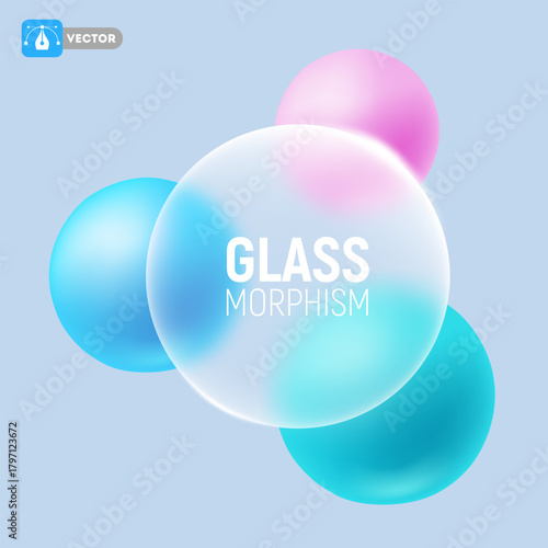 Glass morphism concept. 3D Modern design element with blue, pink and turquoise spheres. Matte transparent circle with sparkling edges. Frosted glass effect. Vector illustration