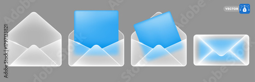 Envelope icon with glass morphism effect. 3D Modern envelopes set, open, sealed, empty, with blue paper sheet. Matte transparent glass with sparkling edges. Frosted glass effect. Vector illustration