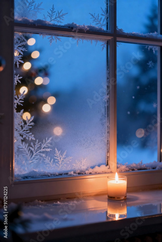 Cozy candle illuminating frosty window with Christmas tree in background  