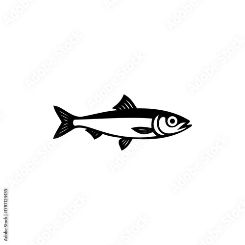 Black stylized illustration of a anchovy fish with detailed fins, tail, and eye