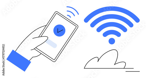 Hand holding smartphone with checkmark sends signal to blue wireless icon. Ideal for connectivity, communication, technology, wireless access, networking, cloud services, digital efficiency. Simple