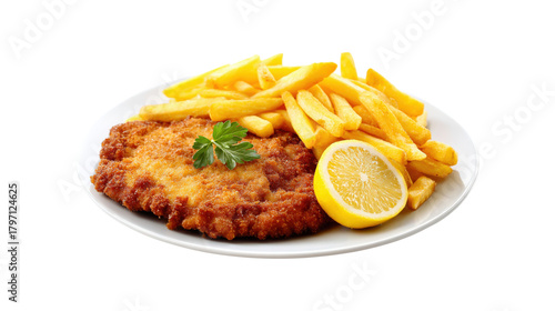Breaded Cutlet with French Fries and Lemon isolated on a transparent background 