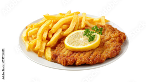 Breaded Cutlet with French Fries and Lemon isolated on a transparent background
