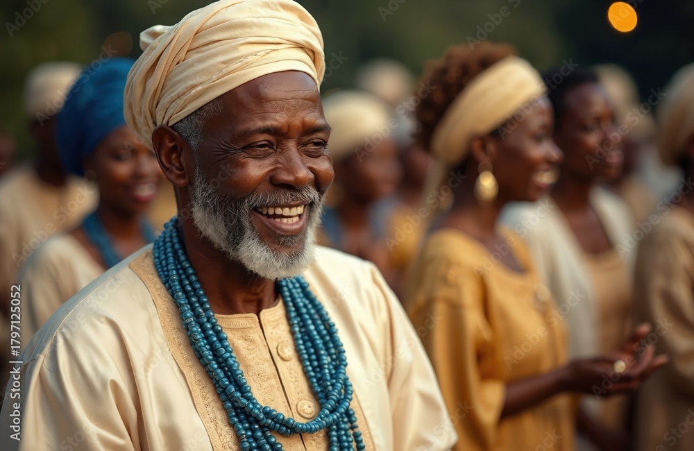 Fototapeta premium Elderly African man with grey beard smiles wearing traditional attire. Group of Black people in festive clothing attends event. Community celebrates cultural heritage outdoors happily. Diverse guests