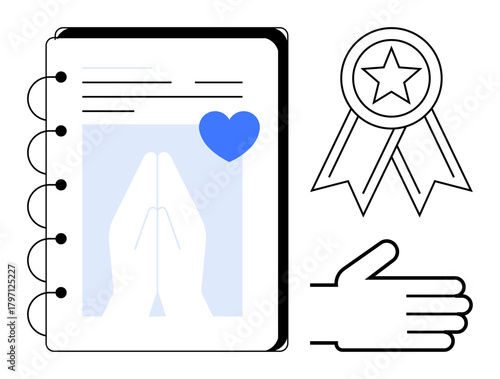 Notebook with prayer hands and heart illustration, ribbon badge, and handshake icon. Ideal for faith, charity, gratitude, achievement, recognition collaboration harmony. Simple flat metaphor