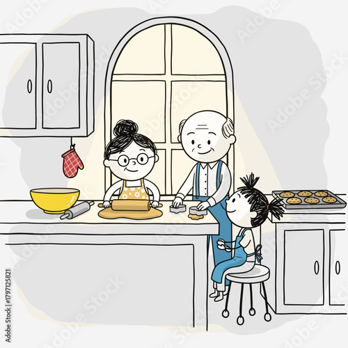 Grandmother and grandfather baking cookies with granddaughter in kitchen, illustration in a child's doodle style 
