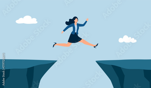 Businesswoman jumps over abyss from mountain to mountain. Own business, overcoming difficulties at work and in life. Overcome challenge.