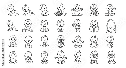 A delightful collection of 28 handdrawn icons featuring adorable babies in various poses and expressions, the icons are simple and clean