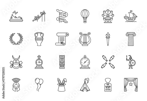 Celebration and culture line icon set. Vector pictograms of bumper car, roller coaster, hot air balloon, Greek warrior, balloons, stage, thin linear illustration.
