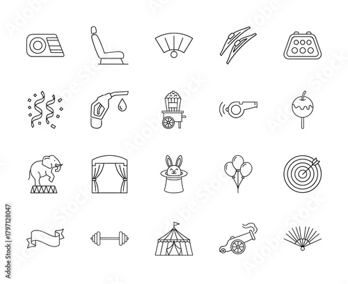Automotive, entertainment, and leisure line icon set. Vector pictograms of headlight, car seat, popcorn, elephant, circus tent, dumbbell, and target, thin linear illustration.