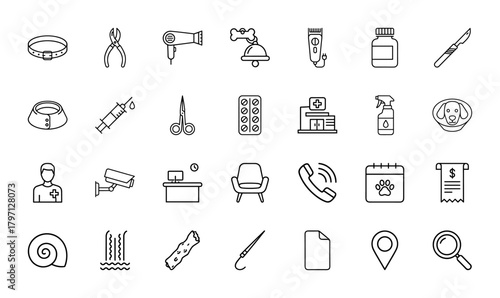 Veterinary pet care line icon set. Vector pictograms of collars, grooming tools, medical supplies, and animal services, thin linear illustration.