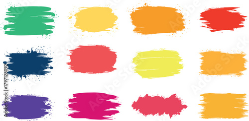 Collection of vibrant textured paint brush strokes in various bright colors on a white background