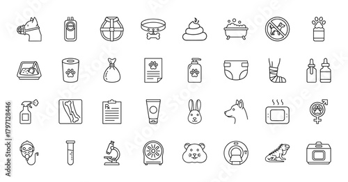 Veterinary pet care line icon set. Vector pictograms of muzzle, carrier, collar, bath, litter box, x-ray, microscope, rabbit, dog, hamster, iguana, thin linear illustration.