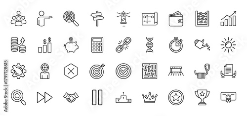 Business strategy and development icon set. Vector pictograms of teamwork, finance, growth, planning, success, problem-solving, management, and achievement, thin linear illustration.
