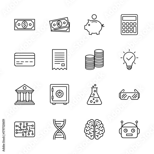 Business, finance, and technology line icon set. Vector pictograms of banknotes, credit card, bank, brain, DNA, robot, calculator, and circuit, thin linear illustration.