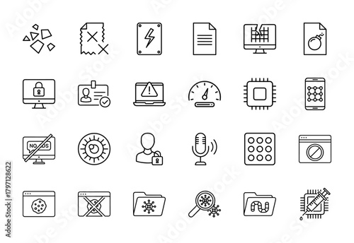 Cybersecurity line icon set. Vector pictograms of data security, digital threats, privacy, malware, locked computer, browser protection, and processor, thin illustration.