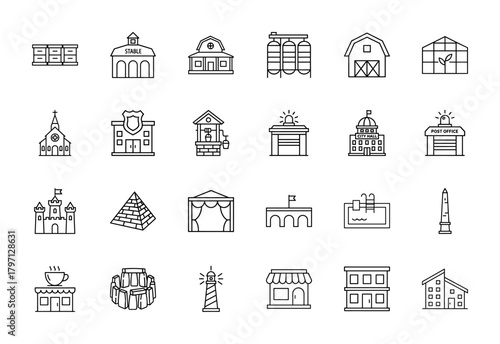 Building and landmark line icon set. Vector pictograms of houses, public services, historical sites, shops, and monuments, thin linear illustration.