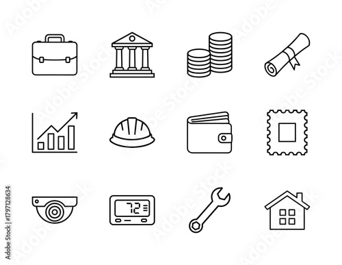 General business and services line icon set. Vector pictograms of briefcase, bank, coins, diploma, graph, hard hat, wallet, stamp, camera, thermostat, wrench, house, thin linear illustration.