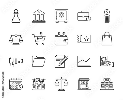Financial and commercial line icon set. Vector pictograms of bank, safe, briefcase, coins, scales, shopping cart, wallet, charts, and business buildings, thin linear illustration.