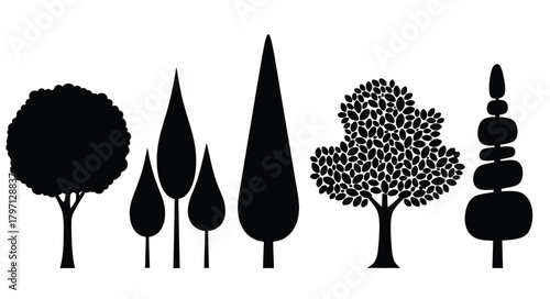 Collection of diverse tree silhouettes in various shapes and sizes against a white background