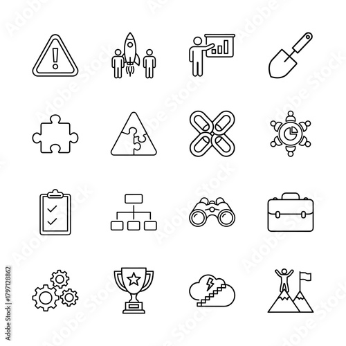 Business strategy line icon set. Vector pictograms of warning, startup, presentation, puzzle, links, checklist, hierarchy, binoculars, briefcase, gears, trophy, and success, thin linear illustration.