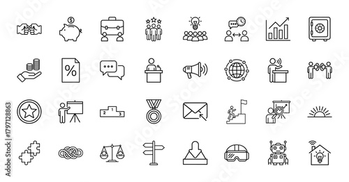Business, finance, and technology line icon set. Vector pictograms of handshake, money, briefcase, team, ideas, charts, communication, and strategy, thin linear illustration.