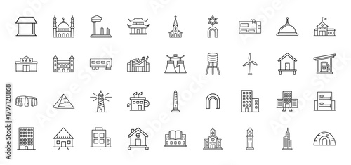 Architecture line icon set. Vector pictograms of mosque, church, pagoda, synagogue, stupa, house, skyscraper, pyramid, lighthouse, stadium, thin linear illustration.