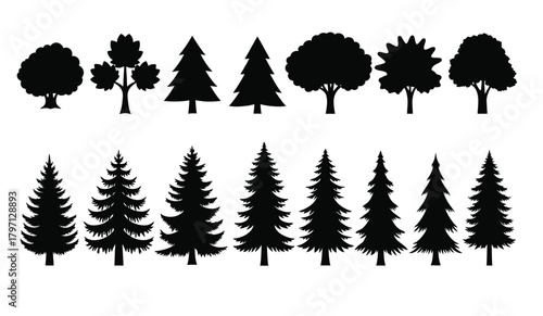 Collection of black silhouette evergreen and deciduous trees isolated on white background