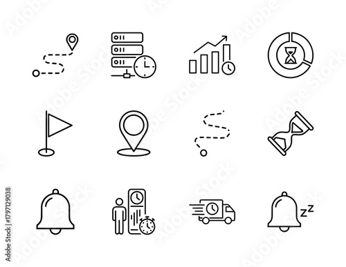 Logistics and time management line icon set. Vector pictograms of route, servers, growth, location, hourglass, bell, schedule, and delivery, thin linear illustration.