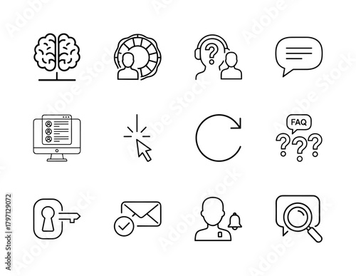 Business, communication, and digital concepts line icon set. Vector pictograms of intellect, support, chat, users, clicks, refresh, questions, and security, thin linear illustration.