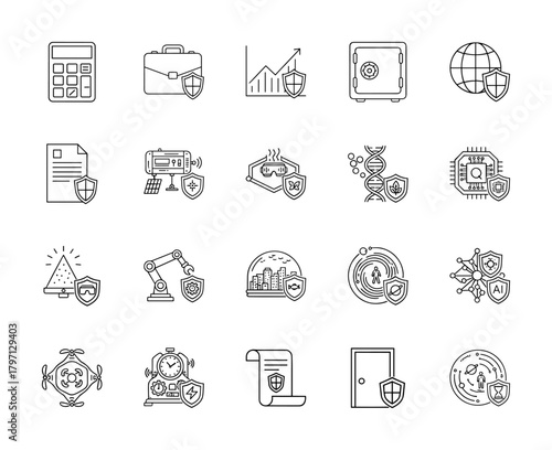 Security and protection line icon set. Vector pictograms of finance, data, global, smart, robot, and cityscape concepts, thin linear illustration.
