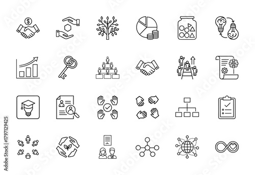 Business and finance line icon set. Vector pictograms of handshake, growth chart, pie chart, key, hierarchy, innovation, resume, teamwork, sustainability, network, thin linear illustration.