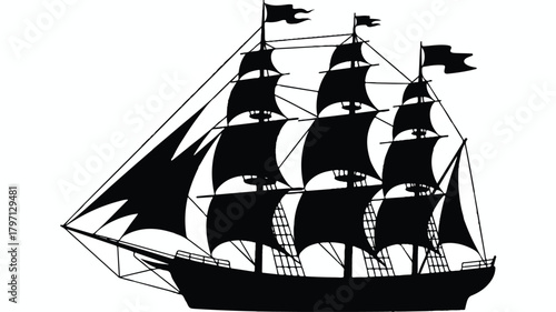 A black and white silhouette illustration of a tall sailing ship with three masts.  