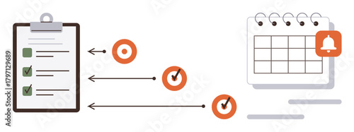 Clipboard checklist, directional arrows toward priority targets with checkmarks, and a calendar with notification icon. Ideal for productivity, planning, scheduling, organization, task tracking