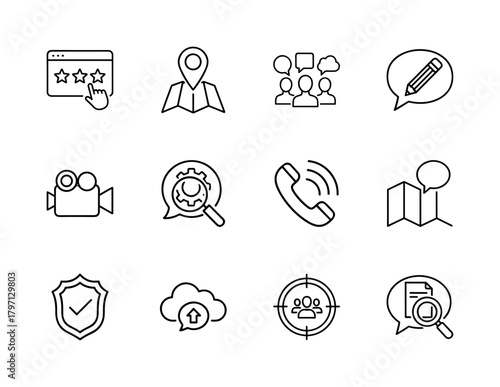 Digital business line icon set. Vector pictograms of browser rating, map location, team communication, video, search, phone, security, and cloud upload, thin linear illustration.
