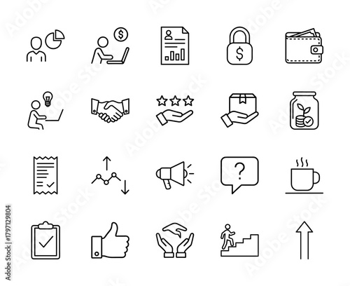 Business and finance line icon set. Vector pictograms of users, analytics, documents, security, wallets, handshakes, and marketing, thin linear illustration.