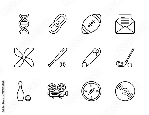 General line icon set. Vector pictograms of DNA, chain link, football, mail, propeller, baseball, safety pin, and golf, thin linear illustration.