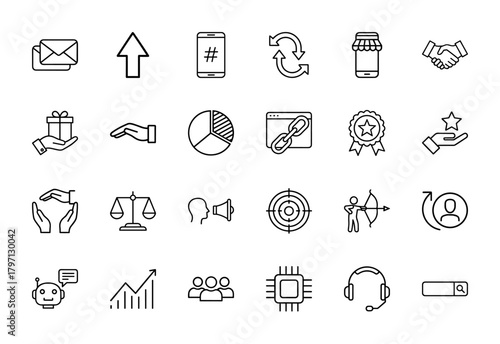 Digital marketing and business line icon set. Vector pictograms of mail, smartphone, handshake, gift, chart, link, target, robot, graph, team, chip, and search, thin linear illustration.