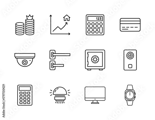 Business, finance, and security line icon set. Vector pictograms of coins, financial graph, credit card, security camera, safe, monitor, wristwatch, thin linear illustration.