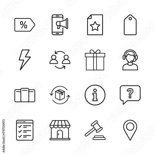 E-commerce line icon set. Vector pictograms of discount tag, mobile marketing, gift, support, credit cards, delivery, shop, auction gavel, and location pin, thin linear illustration.