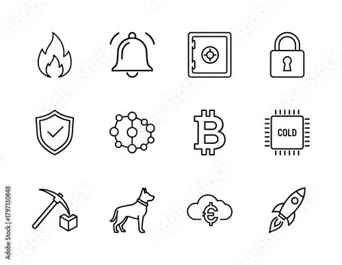 Cryptocurrency and blockchain line icon set. Vector pictograms of flame, bell, safe, padlock, shield, Bitcoin, mining pickaxe, and rocket, thin linear illustration.