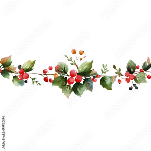 My Watercolor Christmas garland with berries painting isolated on a white background, illustration, simple painting design, vector set, eps format design, watercolor style set