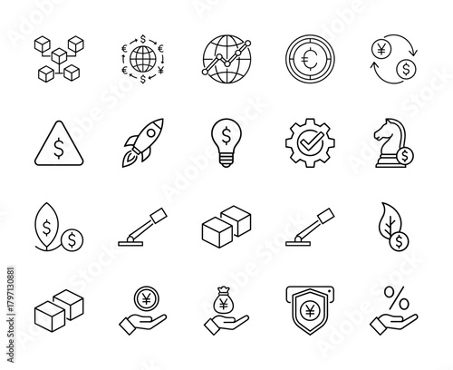 Finance and technology line icon set. Vector pictograms of blockchain, global currency exchange, market growth, rocket, investment, and secure transactions, thin linear illustration.