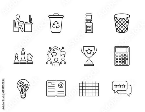 Business and office line icon set. Vector pictograms of worker, recycling, water cooler, chess, chat, trophy, calculator, and idea, thin linear illustration.