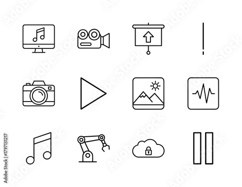 Multimedia technology line icon set. Vector pictograms of monitor, camcorder, projector, camera, play, image, music, robot, cloud, and pause, thin linear illustration.